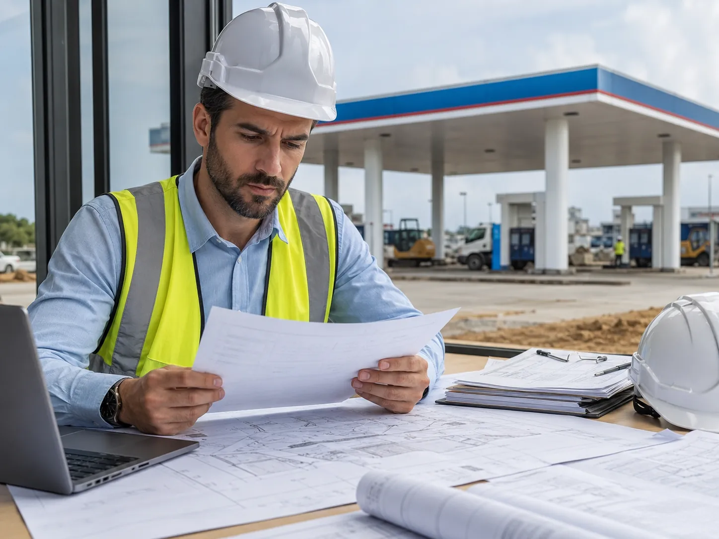 مهندس در حال بررسی نقشه ها و مدارک لازم برای دریافت مجوز جایگاه سوخت