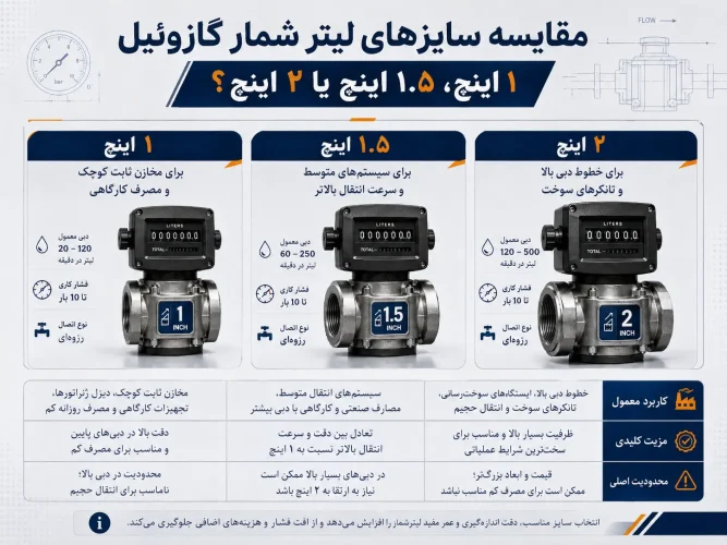 مقایسه کاربرد و تفاوت لیتر شمار گازوئیل ۱ اینچ، ۱.۵ اینچ و ۲ اینچ