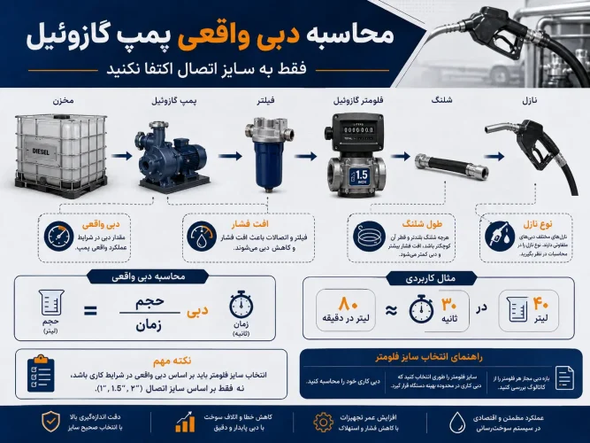 محاسبه دبی واقعی پمپ گازوئیل براساس حجم، زمان، افت فشار، فیلتر و طول شلنگ